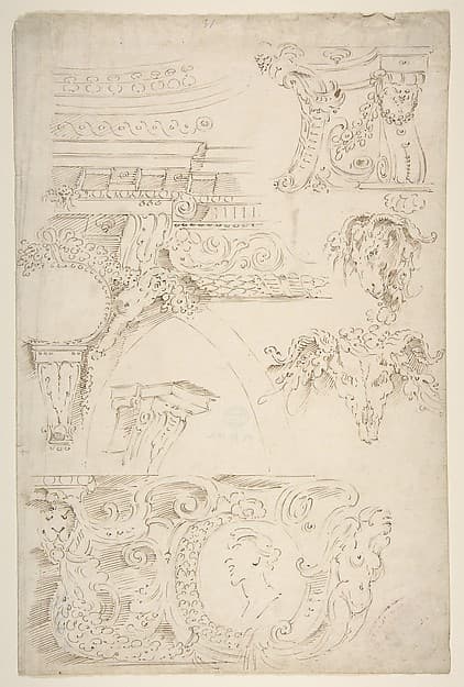 Sketches of Sculptured Decoration. Entablatures and a Frieze with Human, Animal and Floral Ornaments, by Agostino (Stanzani) Mitelli