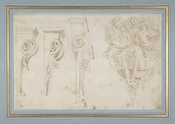 Design for Three Consoles Decorated with Foliage and Volutes and a Console with a Satyr Head Surmounted by Three Human Figures, Garland and Foliage, by Agostino (Stanzani) Mitelli