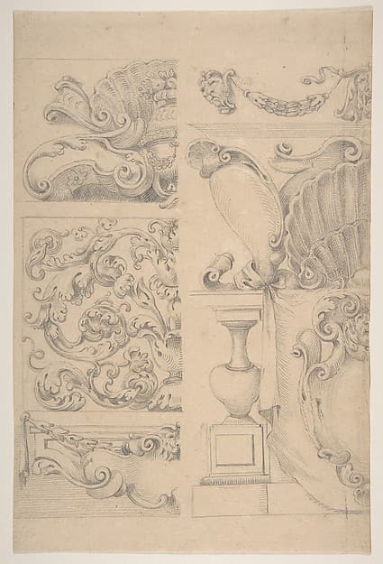 Design for Cartouches Decorated with Sea-Shells, Garlands, Foliage, Volutes and Urns, by Agostino (Stanzani) Mitelli