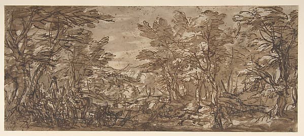 Forest Scene, a Halt at the Left, a Hunt at the Center, by Pier Francesco Mola