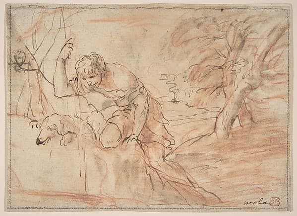 Framed Sketch for a Man, a Dog and a Tree, by Pier Francesco Mola