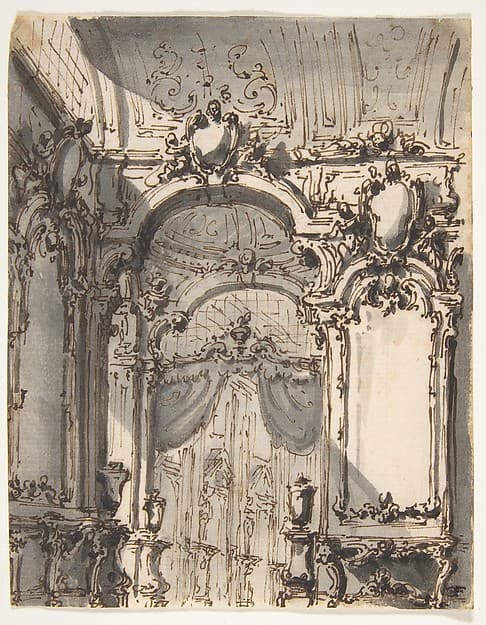 Design for a Stage Set: Interior of a Palazzo Decorated with Large Mirrors and Console Tables, by Giovanni Battista Natali III