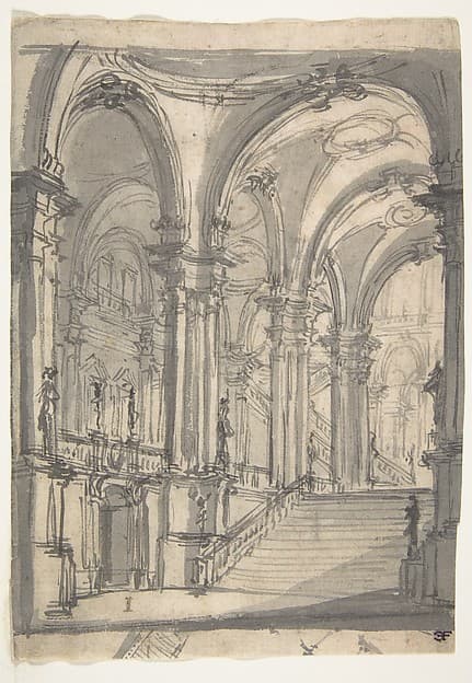 Design for a Stage Set: Groin-Vaulted Stairway Leading to a Gallery with Another Stairway to a Second Story at Left (recto); Slight Sketch Traced Through from the Recto and Reworked (verso), by Giovanni Battista Natali III