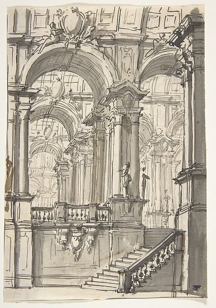 Design for a Stage Sets: Anteroom with Stairs Leading to a Gallery Composed of a Series of Connected Barrel Vaults, by Giovanni Battista Natali III