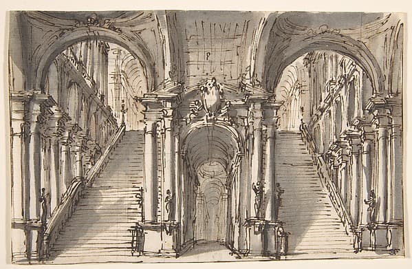 Design for a Stage Set: Double Stairway Pierced by an Arcade (recto); Slight Sketch (verso), by Giovanni Battista Natali III