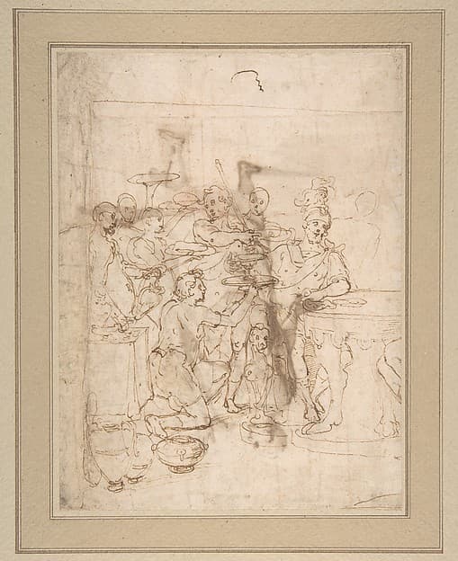 Banquet Scene: A Seated Warrior Attended by a Number of Servants (recto); Back View of a Standing Man in a Long Cloak (verso), by Cesare Nebbia