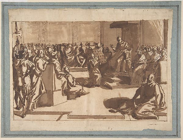 An Ecclesiastic (Pope?) Blessing a Book before the Sacred College, by Cesare Nebbia