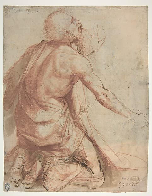 Kneeling Bearded Old Man (recto); Section of a Draped Limb and Sketches (verso), by Nosadella (Giovanni Francesco Bezzi)