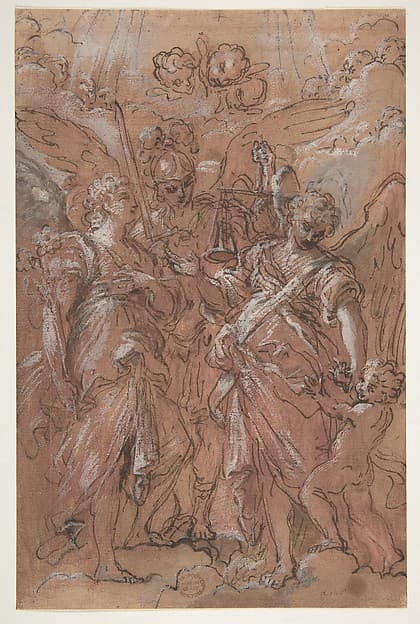 The Archangels Gabriel, Michael and Raphael (recto); sketches of figures (verso), by Giuseppe Passeri (Passari)