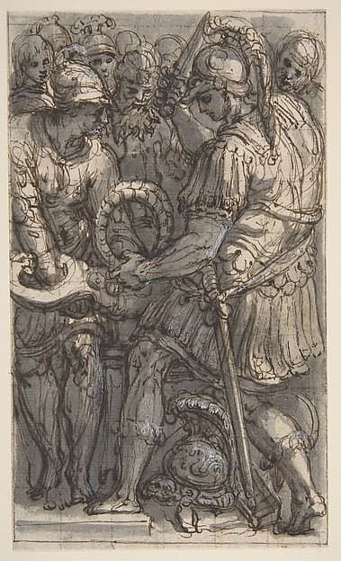 Alexander Cutting the Gordian Knot, Study for a Fresco in the Castel Sant'Angelo, Rome, by Perino del Vaga (Pietro Buonaccorsi)