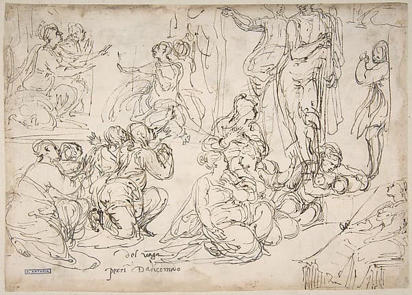 Kneeling, Seated and Standing Figures (recto); Seated, Kneeling and Reclining Figures (verso), by Perino del Vaga (Pietro Buonaccorsi)