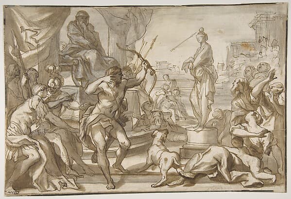 Male Figure with a Bow and Arrow Shooting at a Statue of a Woman with a Ball on her Head, by Domenico Piola