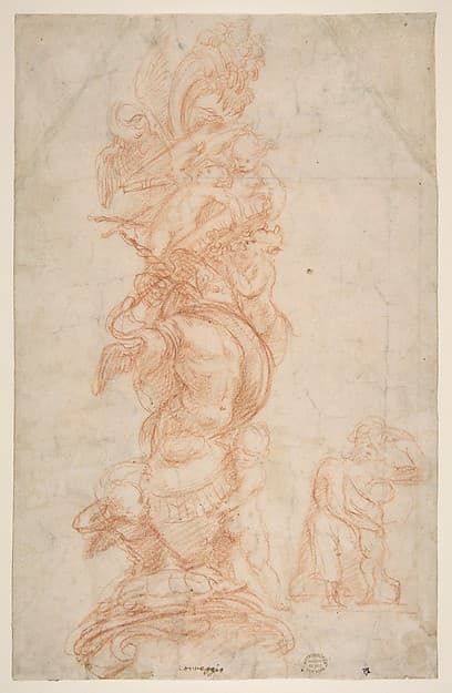 Design for the Decoration of a Pilaster (recto); Putti with Trophies and Seated Figure with Child (verso), by Giovanni Antonio da Pordenone (Giovanni Antonio de Sacchis)