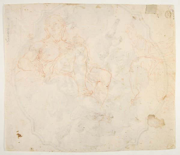 The Virgin Nursing the Christ Child, in a Glory of Angels (recto); Studies for seated figures of Christ and God the Father in red chalk (verso), by Nicola Maria Rossi