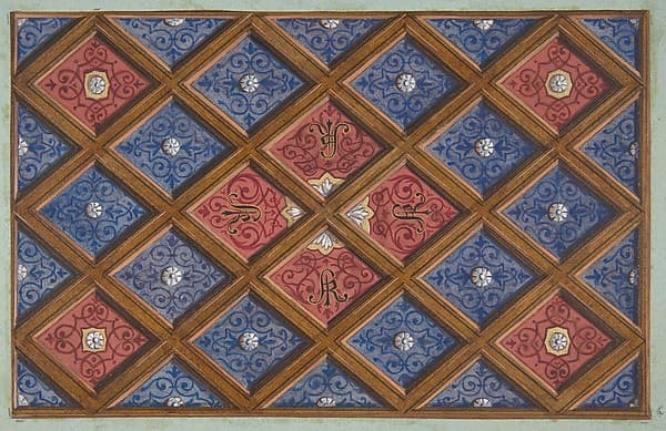 Design for a coffered ceiling with painted initials: SRI (?), by Jules-Edmond-Charles Lachaise