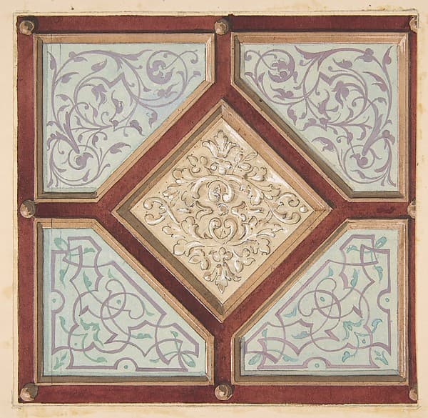 Design for a coffered ceiling with alternative decorative patterns, by Jules-Edmond-Charles Lachaise