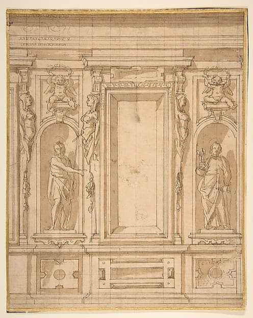 Wall Elevation with a Window and Statues of Saint John the Baptist and Saint Peter in Niches, by Lazzaro Tavarone
