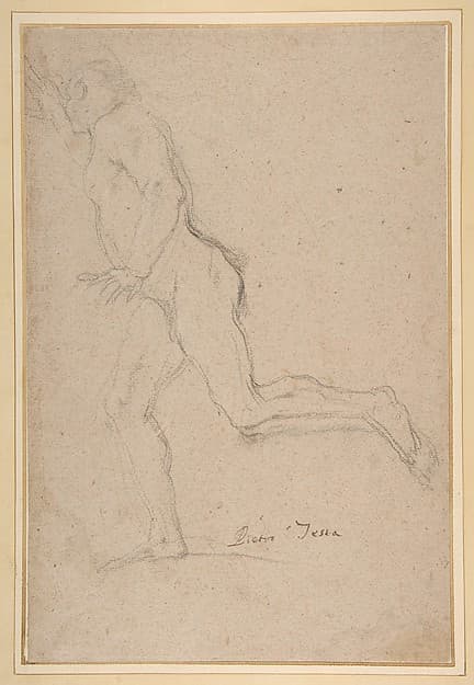 Nude Youth Running (recto); Standing Draped Old Man with Left Hand Upraised (verso), by Pietro Testa
