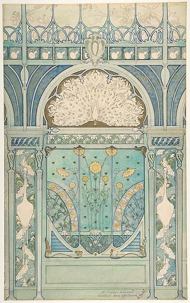 Design for a wall decoration with peacock, cranes, and sunflowers for the restaurant in Hotel Langham (Paris), by Emile Hurtré