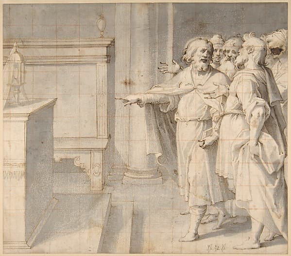 A Male Saint Followed by a Group of Men, Pointing to a Monstrance on an Altar, by Giovanni Battista Trotti ("Il Malosso")