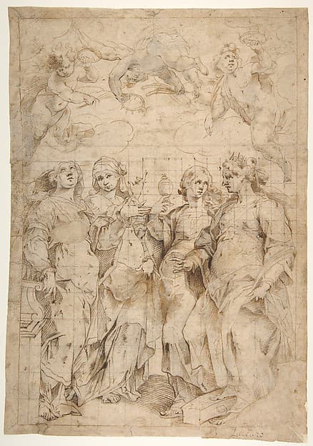 Saint Cecilia, Saint Mary Magdalen, Saint Catherine of Alexandria, and Saint Agnes, Angels with Palm Branches and Crowns Above (recto); Sketches of Three Standing Figures and Arithmetic Calculations (verso), by Panfilo Nuvolone