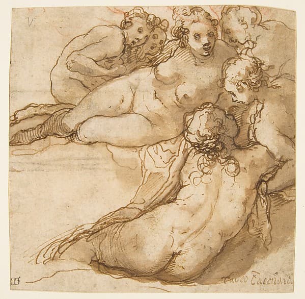 Group of Six Reclining Nude Women (Nymphs Bathing) (recto); Sketch of a Leg (verso), by Taddeo Zuccaro