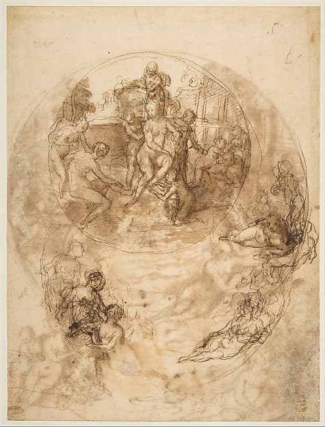 Studies for a Circular Composition of Diana and Her Nymphs Bathing (recto); Studies for the Same Composition (verso), by Taddeo Zuccaro