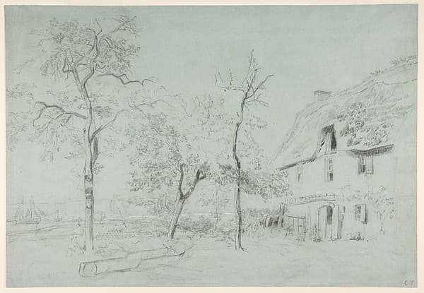 A Farmhouse with a Thatched Roof and Trees Beside a River, by Constant Troyon