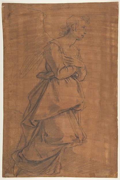 The Archangel Gabriel Kneeling to the Right; Small Study of Head at Lower Left., by Jacopo da Empoli (Jacopo Chimenti)