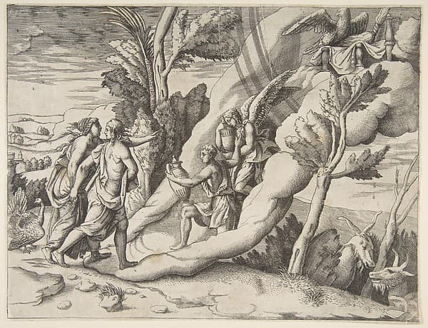 Jupiter and Juno being received in the heavens by Ganymede and Hebe, from "Division of the Universe", by Giulio Bonasone