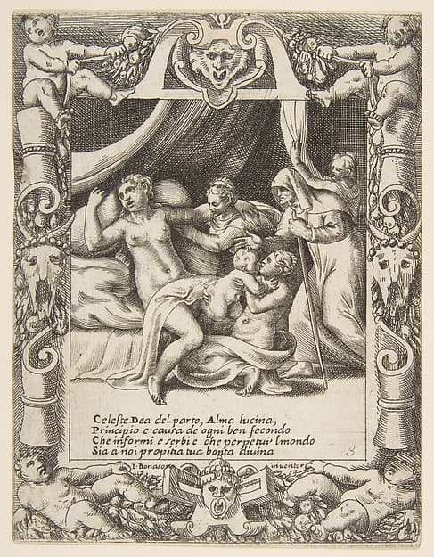 A woman in labor imploring the aid of Lucina set within a decorative cartouche, from "Loves, Rages and Jealousies of Juno", by Giulio Bonasone