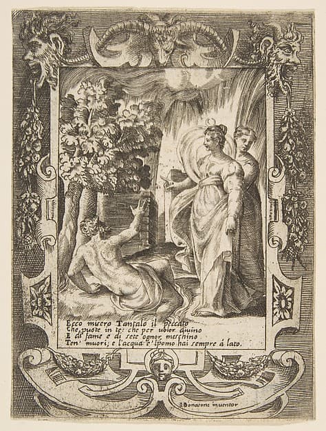 Tantalus at left speaking to Diana at right, set within an elaborate frame, from "Loves, Rages and Jealousies of Juno", by Giulio Bonasone