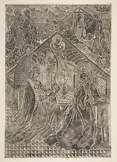 The Annunciation, Visitation, and Nativity, by Master of the Church Fathers' Border