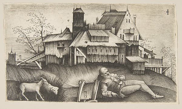 The old shepherd lying in a landscape, buildings behind, a goat and a sheep to the left, by Giulio Campagnola