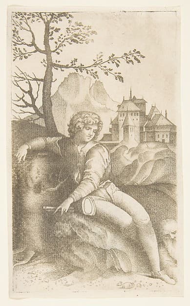 Young shepherd seated in a landscape looking toward an old man in the lower right, buildings in the background and a tree and mountain at left, by Giulio Campagnola