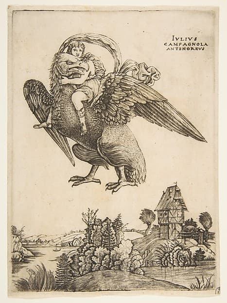 Ganymede as a young boy riding a large eagle (Zeus) in flight above a landscape, by Giulio Campagnola