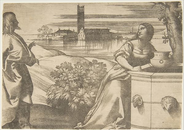 Christ standing at left addressing the Woman of Samaria at right who is standing by a well, lagoon in the background, by Giulio Campagnola