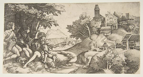 At left four shepherds with musical instruments seated under a group of trees; at right a hilly landscape with buildings, by Giulio Campagnola