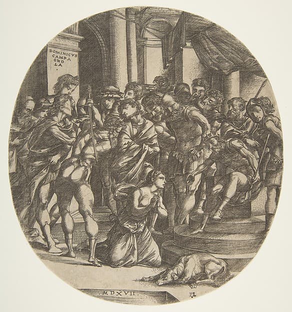 Female figure (Saint Catherine?) kneeling on the ground at center pleading to a male figure (Maximus?) who wears a crown and is seated on a throne at right; at left a figure with raised sword about to strike the woman; a group of figures looking on in the background, by Domenico Campagnola