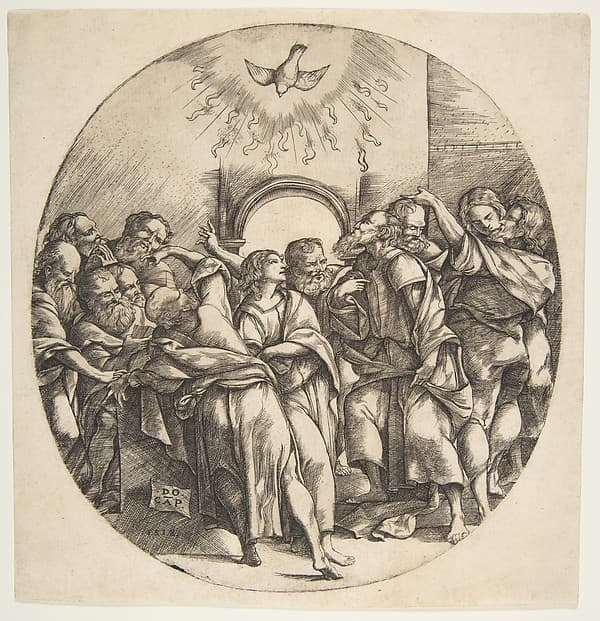The Holy Spirit as a bird descending with spread wings at top center; the twelve Apostles standing below gesturing to it in front of an archway, by Domenico Campagnola