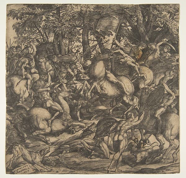 Group of naked men engaged in battle in a wooded landscape, some on horseback; a dog at lower left., by Domenico Campagnola