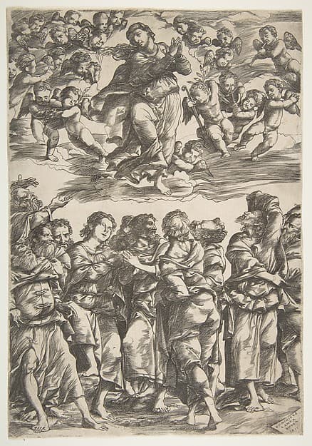 The Virgin at top center in clouds with clasped hands and right foot raised, surrounded by cherubin; below, the twelve apostles stand together gesturing upwards, by Domenico Campagnola