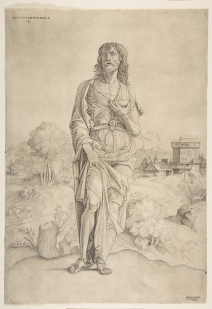 Saint John the Baptist standing in landscape, figures and buildings in the background, by Giulio Campagnola