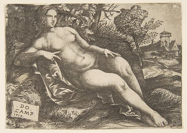 Nude woman (Venus) reclining in a landscape, by Domenico Campagnola