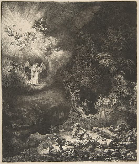 The Angel Appearing to the Shepherds, by Rembrandt (Rembrandt van Rijn)