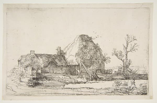 Cottages and Farm Buildings with a Man Sketching, by Rembrandt (Rembrandt van Rijn)