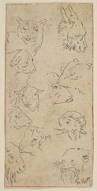 Study of animal heads, by Claude Gillot