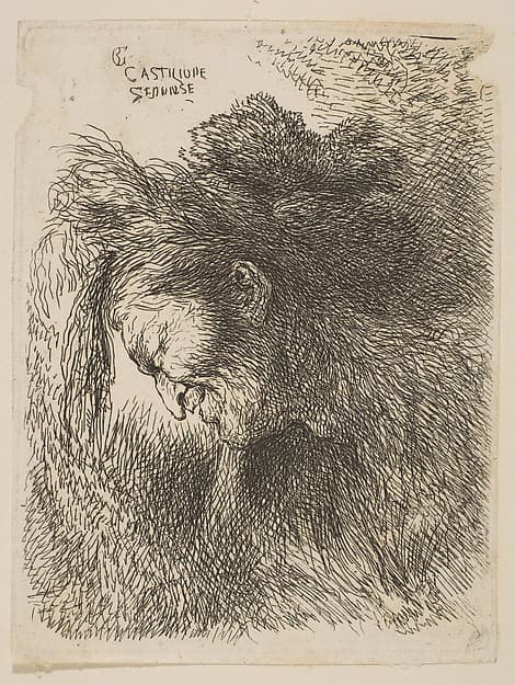 Head of an old man looking down, facing left, from "Small Studies of Heads in Oriental Headress", by Giovanni Benedetto Castiglione (Il Grechetto)