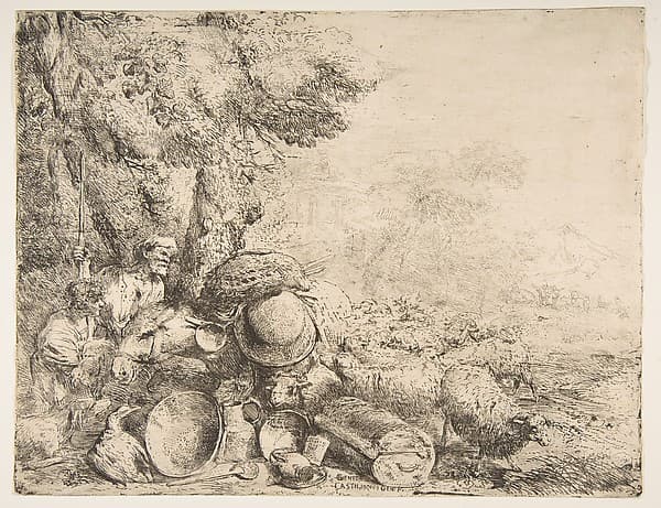 Two shepherds, a donkey and other animals in a landscape, by Giovanni Benedetto Castiglione (Il Grechetto)