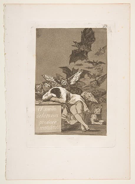 Plate 43 from "Los Caprichos": The sleep of reason produces monsters (El sueño de la razon produce monstruos), by Goya (Francisco de Goya y Lucientes)